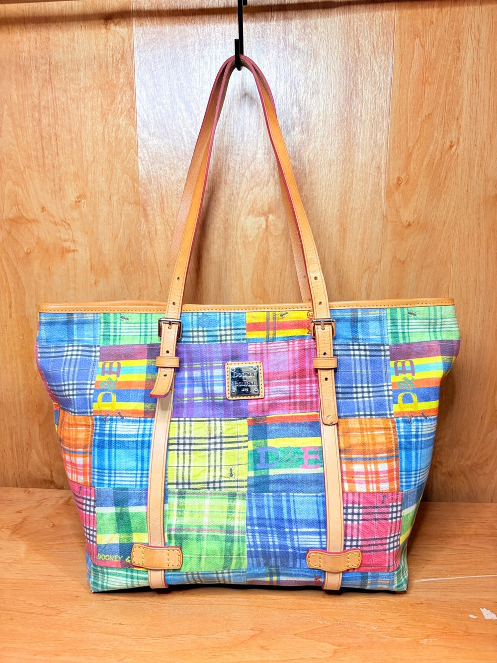 Y2K Dooney & Bourke Madras Patchwork Plaid Picnic Ants Big Canvas Leather Tote